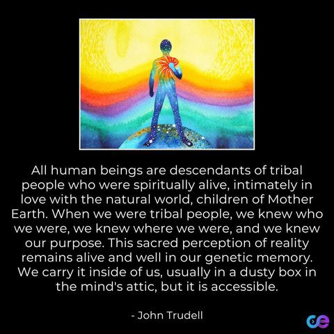 Alt-text:

Abstract image of a person with a rainbow background and text below.

Transcribed Text:

All human beings are descendants of tribal people who were spiritually alive, intimately in love with the natural world, children of Mother Earth. When we were tribal people, we knew who we were, we knew where we were, and we knew our purpose. This sacred perception of reality remains alive and well in our genetic memory. We carry it inside of us, usually in a dusty box in the mind's attic, but it is accessible.

John Trudell