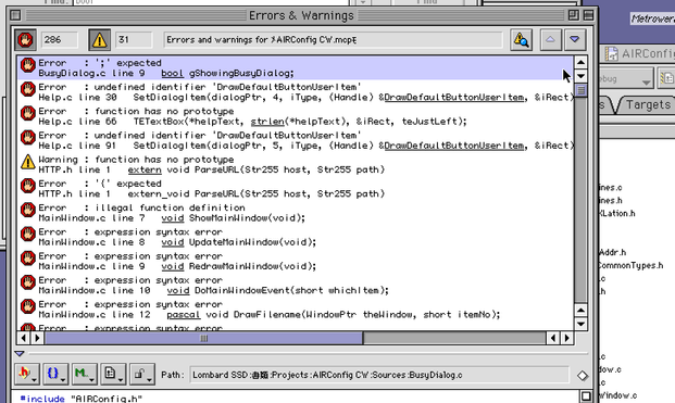 A macos 9 screenshot of CodeWarrior showing the incomprehensible compile errors