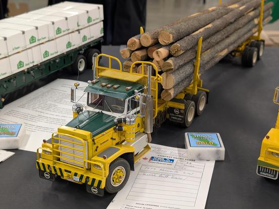 Logging truck pulling a trailer full of raw logs.