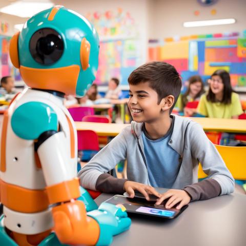 The image depicts a cheerful classroom setting where a young boy is interacting with a humanoid robot. The boy, sitting at a desk, is smiling and appears engaged in conversation with the robot in front of him. The robot is colorful, with a primarily turquoise and orange design, large round eyes, and sleek, smooth surfaces. The background shows a lively classroom with colorful wall decorations and other children seated at desks, engaged in activities, and smiling. The atmosphere seems vibrant and educational, with bright colors and a cheerful environment.