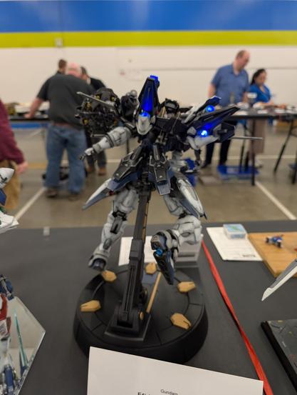 Gundam figure with light effects seen from behind