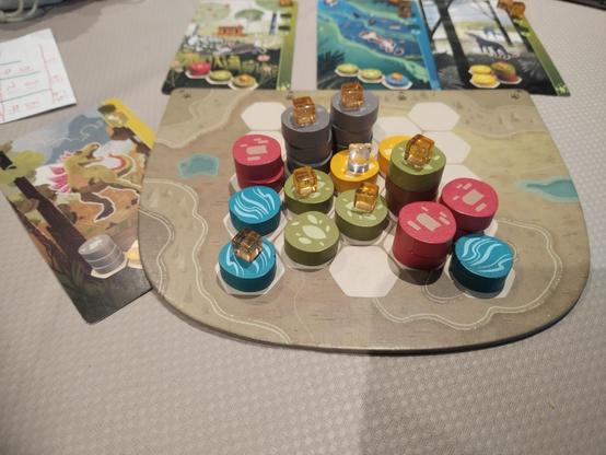Photo du plateau joueur du jeu de société Harmonies. La carte esprit totem "T-Rex" (goodie) est présente. Il y a des animaux sur 5 des 6 emplacements entourant Le t-rex.