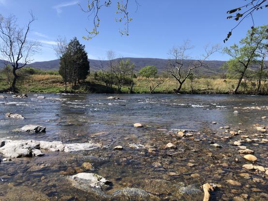sunlit river with a green field on the far bank and mountains in the distance