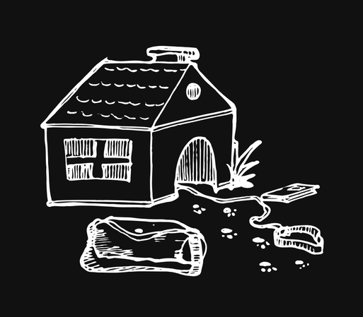 A small white on black caricature of a dog house, with a book and postal bag in front. A leash is seen leading out of the entrance, with the empty collar on the floor. Some paw tracks of a small dog can be seen suggesting the dog has left the house.