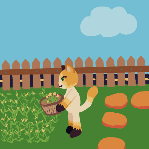 A calico cat in a fenced yard with a lot of weeds of the left, and some stones forming a path on the right. They are holding a basket with some weeds they have already picked above the colony of weeds that have yet to be picked.