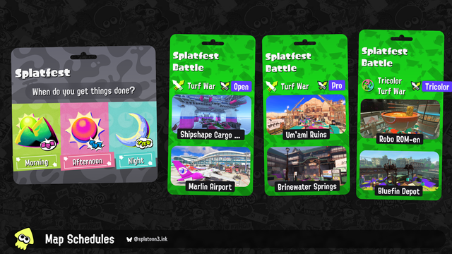 Splatoon 3 map rotation:

Splatfest Battle (Open): Turf War on Shipshape Cargo Co. and Marlin Airport
Splatfest Battle (Pro): Turf War on Um'ami Ruins and Brinewater Springs