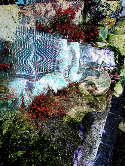 Colorful abstract art of a gate and a garden