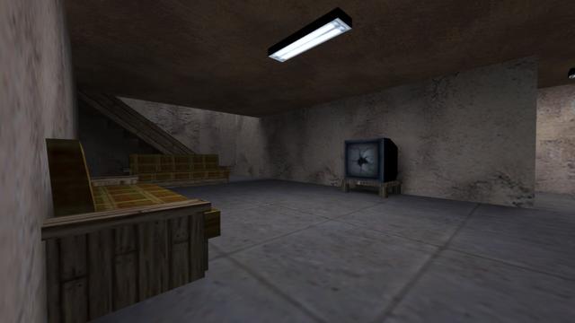 In this picture you can see where you get if you walk along the hallway from the previous picture. You can see a living room. Here is a large broken CRT TV on the right side. Opposite is a couch. In the background you can see a wooden staircase leading upstairs. On the side of the stairs there is still a couch. In the middle of the room, a white-lit lamp is attached to the ceiling. On the right you can still see a hallway. This leads to the front door to the front. This is on the map cs_militia in the game Counter-Strike 1.6.