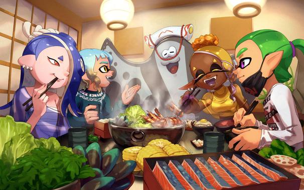 splatoon characters, which are (cute) mutant seafood-human hybrids, gathered around a japanese style restaurant for mashup seafood hotpot. Deepcut plus RaginEye’s OC’s. Going around the table it’s Shiver, Coerulus, Big Man, Frye, and Serrvio. Shiver and Serrvio chat across the table, Coerulus and Big Man chat in the back with a big smile and Frye is happily reaching for some shrimp. It’s a warm vibe. Some of the food seen are shrimp, salmon, cabbage, lotus root, corn, and sesame balls for dessert.

https://x.com/stupjam/status/1911561500621521016