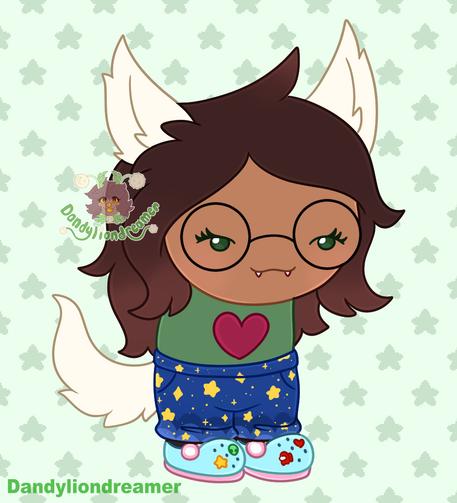 jade drawn in the homestuck style, she has white ears and tail, brown hair and skin, green eyes, green shirt with red heart on it, star patterened pants, crocs with widgets on them like a heart star amongus and alien.