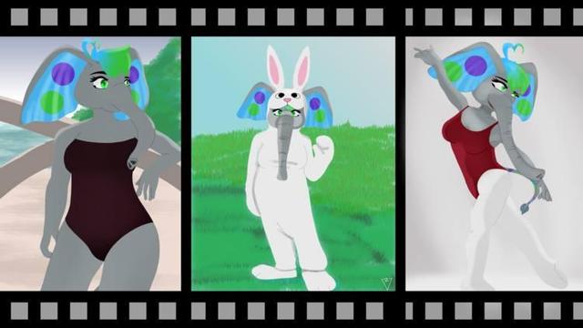 An anthropomorphic athletic elephant in three playful scenes: First, she’s admiring the ocean view while leaning on a palm tree. Next, she’s hopping around in a bunny suit in an empty field. Lastly, she’s striking a graceful ballet pose, showing off her surprising dance skills.