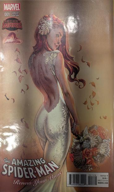 The J Scott Campbell cover for Amazing Spider-Man: Renew Your Vows #1 - Mary Jane is wearing a backless wedding dress and looking back to the camera over her shoulder.
