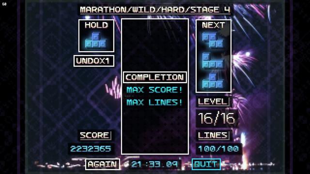 Final result in a successful run of Tetrachroma's Marathon-Wild-Hard setting.

Stage 4 completed, 2,232,365 points, and completion time of 21'33"09.