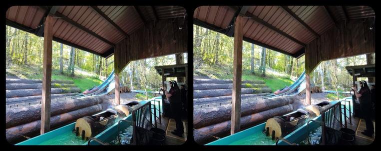 Big Timber Log Ride at Enchanted Forest. Loading platform. There is a log nearing the bottom of the flume. I missed getting a shot of the splashdown.