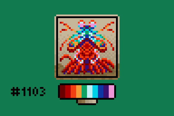 Pixel art of a peacock mantis shrimp. Lit up with fluorescent rainbow colors, it looks like a fantasy monster that's just sort of shrimp-adjacent.