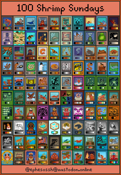One hundred pixel art pieces all about shrimp, arranged in a 10x10 grid, with the title "100 Shrimp Sundays".