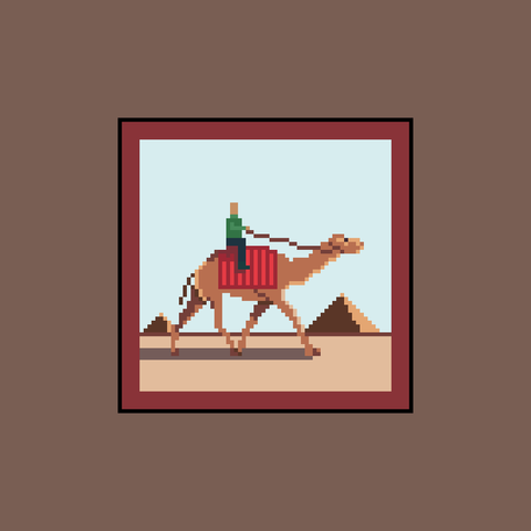 64x64 pixel art of a man riding a camel, with pyramids in the background.