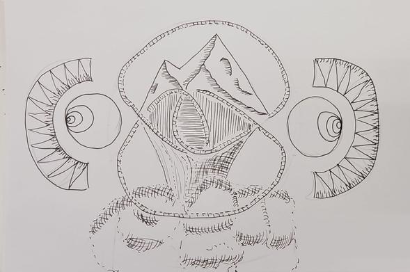 an abstract sketch, roughed on pencil, lined in black ink. centre is an irreducible 4-knot, the spaces defined by its 3 smaller spaces area shaded black. the space above contains a mountain, growing out of the 3 black spaces, but contained by the knot. the space below contains a tree which grows behind the knot. on either side of the knot are concentric circles, and triangular patterns.