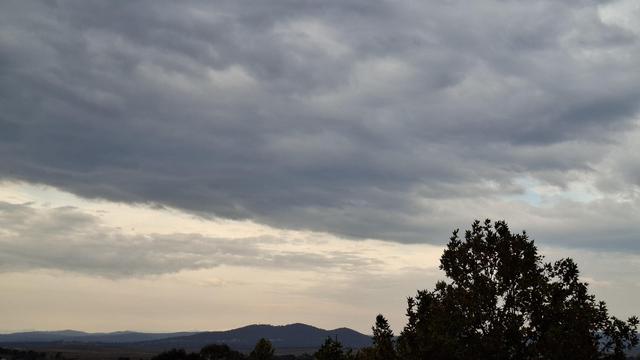 A dark overcast cloudy sky (stratus? sort of smeared out without sharp definition) over low hills on the horizon with a silhouetted tree in the foreground.