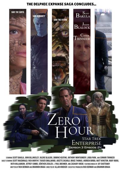 A poster for Star Trek: Enterprise episode Zero Hour, featuring 5 vertical blocks showing images from the episode, and Captain Archer, Reed, and Hoshi in front in the lower half, with 2 of their Xindi primate allies.