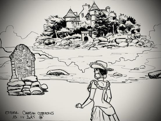 A black-and-white illustration featuring Esther in a vintage dress and hat, looking towards a distant castle on a rocky shore. The stone monument of St Guirec oratory stands in the foreground.