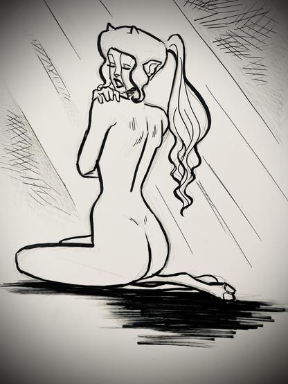 A monochrome sketch of Erie with cat-like features, portrayed in a seated position. The character has long, flowing hair and is depicted from a rear angle, with a slightly bowed head. Light rays and textured shading create a dynamic background