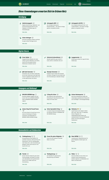 Screenshot der im Bereich "Anwendungen" zugänglichen Softwarefunktionen unter netz.gruene.de