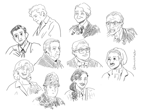Pencil-like digital bust sketches of several characters from Endeavour: Peter, Morse, Trewlove, Bright, Thursday, DeBryn, Monica, Frazil, Strange and Joan.