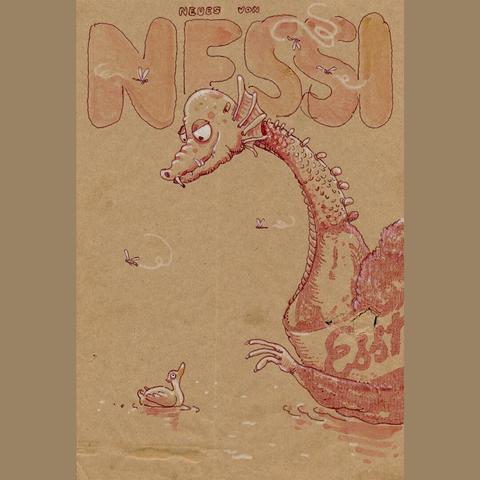 Drawing of a sea monster swimming on water. The monster passes a small duck, smiles and waves at it, as the duck looks up curiously. Some flies are in the air. This is drawn on a brown paper bag for fruits, in red colours. Some of the red printing on the bag is used as part of the image. On top it reads „neues von Nessi“ („news from Nessi“) in large letters, making the whole image look somewhat like a poster or a magazine cover.