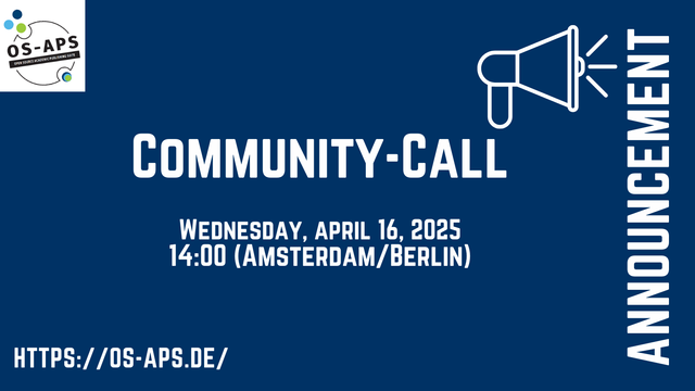 The picture says: Community-Call, Wednesday, April 16, 2025, 14:00 (Amsterdam/Berlin)