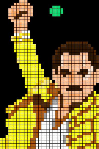 PixelArt de Freddie Mercury, veston jaune, poing levé.