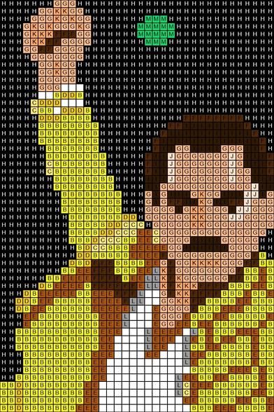 PixelArt de Freddie Mercury, veston jaune, poing levé. Couleurs et lettres