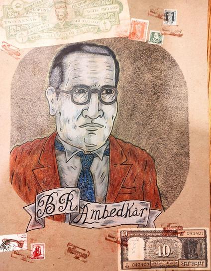 Portrait art of Bhimrao Ramji Ambedkar made with pen ink, coloured pencils, rare stamps and rare original bank notes