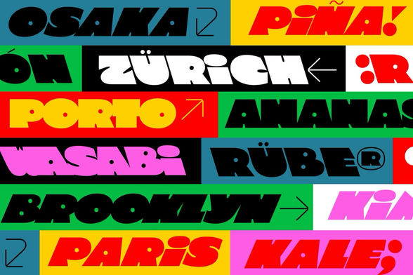 Chosmos Display Specimen - Bands of color with type inside with words of countries, cities and fruits, like pineapple, Osaka, Brooklyn and kimchi