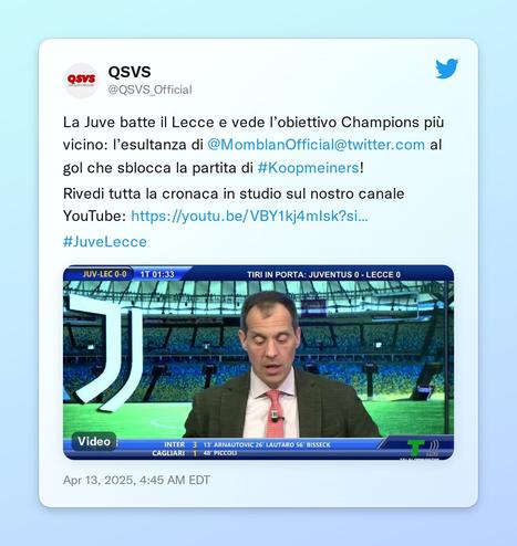 La Juve batte il Lecce e vede l’obiettivo Champions più vicino: l’esultanza di @MomblanOfficial al gol che sblocca la partita di #Koopmeiners! 

Rivedi tutta la cronaca in studio sul nostro canale YouTube: https://t.co/RtZ8d7i3hi

#JuveLecce https://t.co/MdNQ8rWbMW