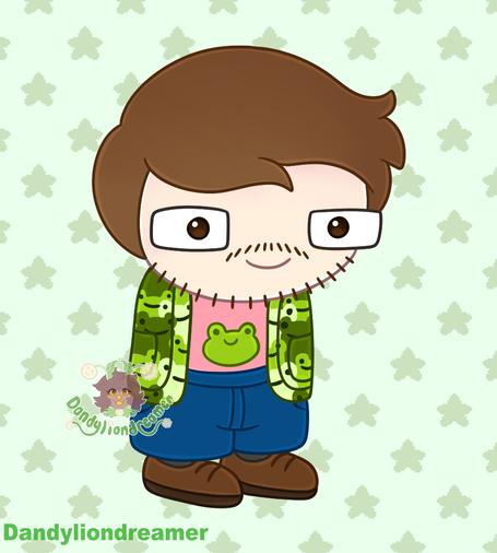 a human character with brown hair and glasses for eyes, hes wearing a frog cardigan with a pink shirt under it that has a frog symbol on it, as well as blue pants and  brown shoes