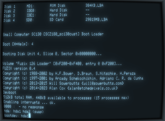 Startup screen of the SC130 "homebrew" computer (rc2014 compatible) booting the FUZIX operating system.