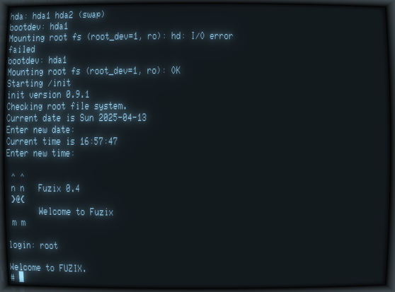 Screenshot of the FUZIX operating system bootup and login procedure.