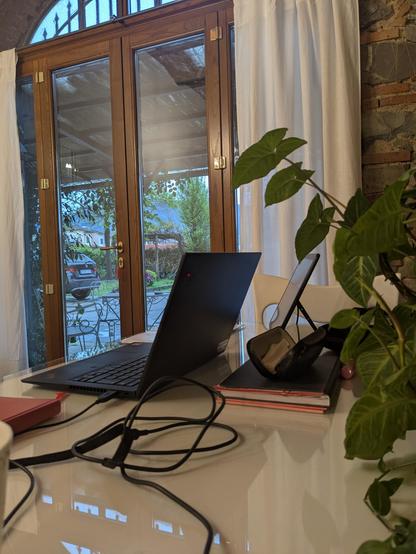 Laptop and second screen on a table. In the background a glass door. Through the door you can see a garden, some flowers, part of a car, trees.