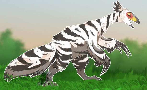 A full body drawing of a Therizinosaurus, white with dark Grey stripes and lighter Grey underbelley. They got a happy expression and lifting one arm / wing up like they are about to wave at someone ahead of em. Background is greeney.