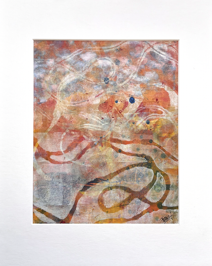 Picture of a colorful abstract monoprint made by mixed media artist Françoise Vaal, called 'Follow the River. Main colors are amber and orange.