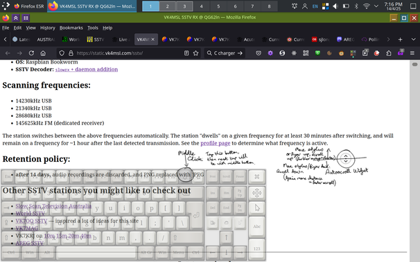 Screenshot of Firefox with the Onboard on-screen keyboard, with some hand-written notes pointing out the features and how to use them.