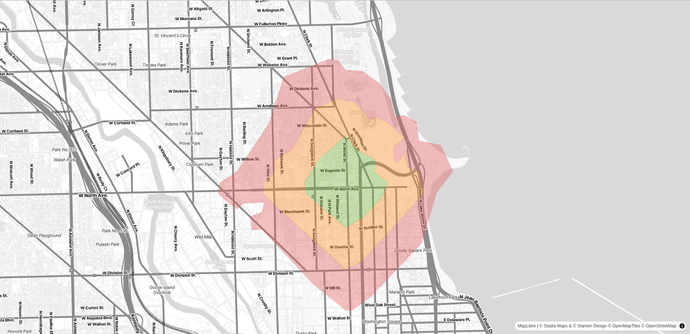 Stadia Maps:  3 time constrained isochrones (reachable range) in Chicago Illinois USA displayed over the Stamen Toner Lite style.