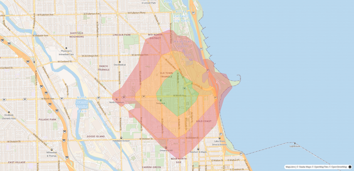 Stadia Maps:  3 time constrained isochrones (reachable range) in Chicago Illinois USA displayed over our OSM Bright style.