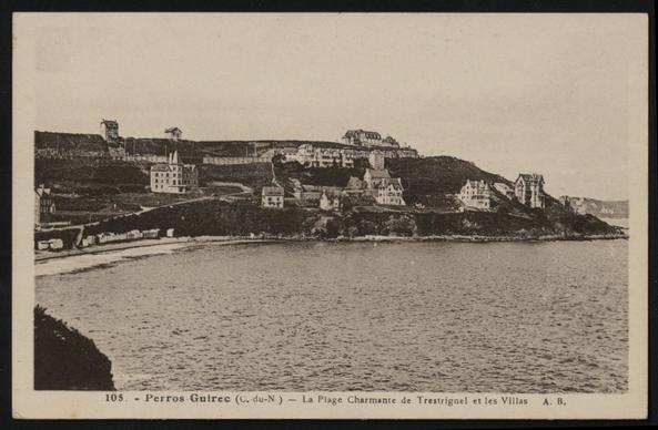 A sepia-toned vintage postcard depicting the coastal town of Perros-Guirec in France, featuring a view of the beach at Trestignel and surrounding villas. The image shows a scenic shoreline with various buildings on a hill, framed