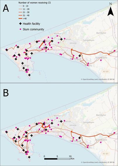 Graphic showing expected flows (A) versus observed flows (B) in six health facilities surveyed (n=763) in Dakar, Senegal. CS, caesarean section.