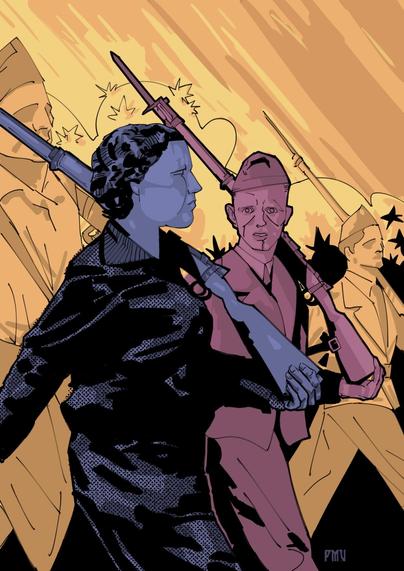 Ilustración digital de estilo "cómic".
Una miliciana marcha firme con su fusil al hombro en primer plano, coloreada de violeta azulado. A su izquierda, un soldado republicano coloreado de rojo, la mira, inspirado. De fondo, otros soldados de la compañía marchan. Detrás de ellos hay unoa arbustos. Ambos en tonos anaranjados.
