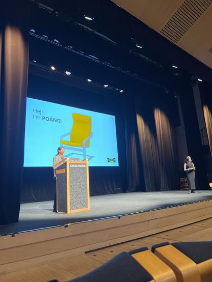 Two women stand on stage talking about their work at IKEA with open source.