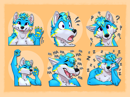 A set of 6 Telegram stickers of a bright blue and grey wolf with yellow markings and purple eyes. They show him waving, shocked, confused, cheering, laughing, and sleepy
