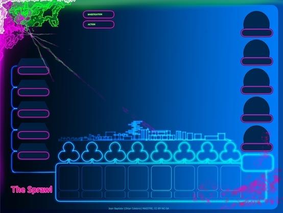 Un espace de jeu.
Sur fonds bleu dégradé de gauche à droite du sombre au clair.
Le coin en haut à gauche semble être abîmé comme un écran tactile ayant reçu un choc. On voit une fêlure et des sortes de cristaux roses et verts fluo.
- En haut deux emplacements pour les compteurs d'investigation et action.
- À gauche en colonne, cinq emplacements pour des marqueurs de menaces. Une fenêtre trapèze bleu sombre surmonte un cartouche rose fluo.
- À droite en colonne cinq emplacement pour des marqueurs de corporation. Un demi-cercle bleu sombre surmonte un cartouche ovale rose fluo.
- Une vue de ville de profil en fils bleu fluo forme une frise entre les deux colonnes à un tiers du bas de la page.
- En dessous de la frise huit emplacements pour des portraits de personnages sont surmontés chacun de trois bulles pour les compteurs de "matos", "infos" et "retenues".
- À gauche des emplacements de portrait est écrit "The Sprawl" en rose fluo.